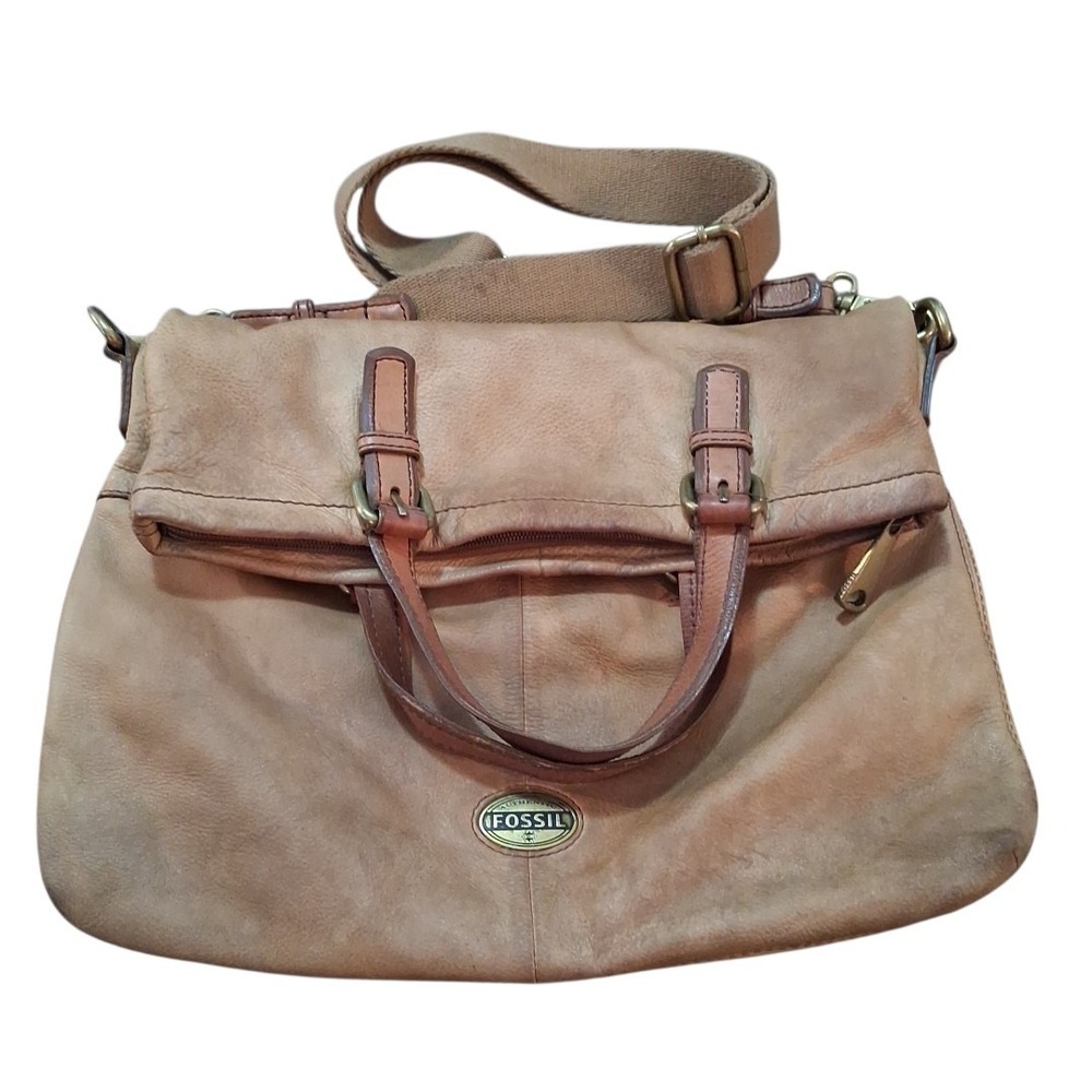 Fossil Explorer Tan Leather Fold Over Messenger Tote Crossbody Bag Unisex READ - Picture 2 of 15